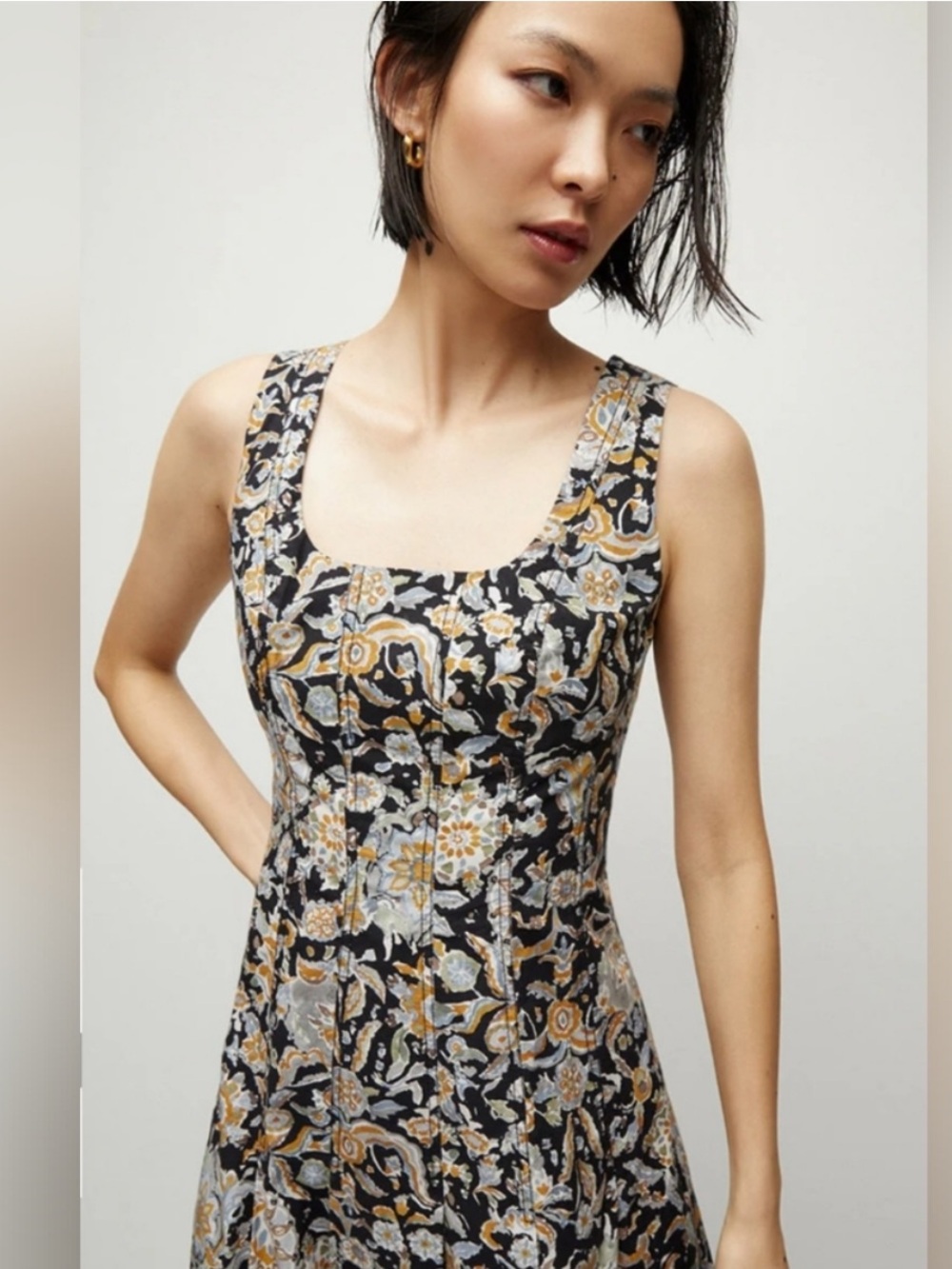 Veronica Beard Jolie Black Gold Blue Floral Paisley Sleeveless A-Line Midi Dress - Picture 4 of 17